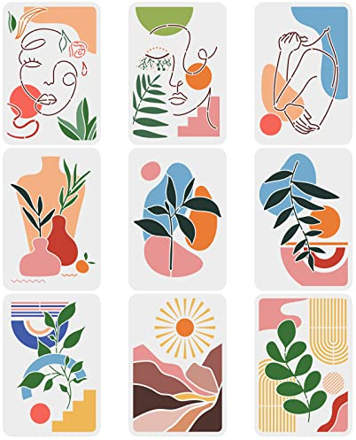 FINGERINSPIRE 9 STÜCKE Boho Sonnenaufgang Schablonen Abstrakte Kunst Vorlage 29,7x21cm Tropische Pflanzen Schablonen Weibliche Gesichtsbemalung Kunststoff Vorlage für Holz, Leinwand, Papier