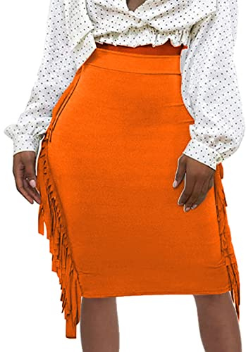 UEOIOW Women's Elastic Waisted Thigh Tassels Fringe Midi Bodycon Pencil Skirt Orange XXL
