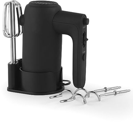 Petra PT5613BMBLKVDE Handmixer Handrührer - Elektrischer Küchenmixer zum Kneten/Schlagen, Schneebesen/Knethaken inklusive, 5 Geschwindigkeiten Mixer, Aufbewahrungsbasis, Handrührgerät, 300 W, Schwarz