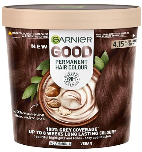 Garnier GOOD Permanent Hair Dye, 4.15 Iced Chestnut Brown. Delivers 100% grey coverage and 8-week colour. No ammonia, vegan shea butter formula for cool, rich brown on all hair types.