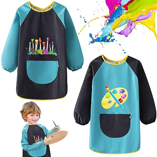 2 Stück Malschürze Kinder, Wasserdicht Malkittel, Kinder Bastelkittel für Schule, Kunst, Zeichnen, Kochen, Backen, Essen, Labor (6-12 Jahre Alt)