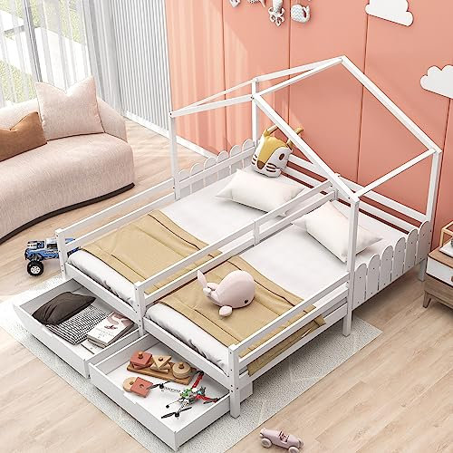 Hausbett, Doppelbett, Kinderbett, Gitterbett mit 2 MDF-Schubladen, Schubladen auf Rollen, Lattenrost aus Kiefer, weiß (200x90cm)