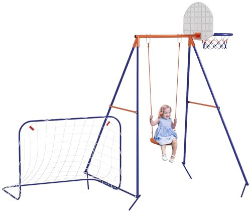 Outsunny 3 in 1 Schaukelset, Schaukelgerüst aus Stahl Kinderschaukel mit Fußballtor, Basketballkorb, Gartenschaukel Schaukelgestell Outdoor für Kinder 3-8 Jahre, Stahl, Dunkelblau