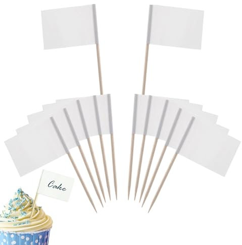 Banderas de Palillo de Dientes,100Pcs Banderas en Blanco Banderas para Comida de Fiesta para Decorar Tartas Bocadillos Cumpleaños Boda Fiesta de Bienvenida 3.5 * 2.5cm