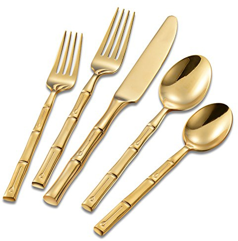 Flatasy Silverware Set Gold Flatware Set Stainless Steel Bamboo Handle Cutlery Set Mirror Polished 60 Pieces for Home Kitchen Restaurant Hotel Wedding Housewarming Gift Service for 12