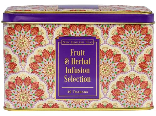 New English Teas Fruit & Herbal Tea Selection Gift Set – 40 Individually Wrapped Caffeine-Free Tea Bags in Decorative Floral Tin – Variety Pack including Peppermint, Berry, & Camomile