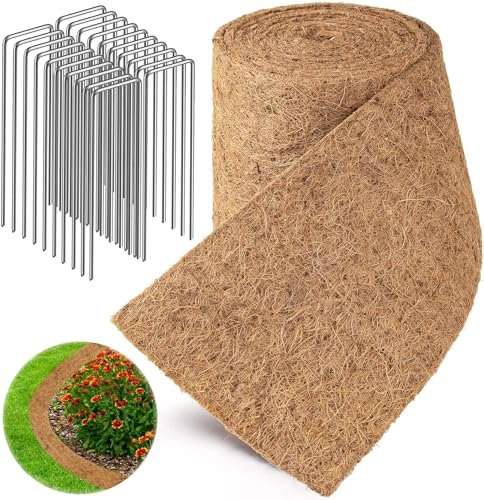 Natural Mulch Roll, 120 x 6.3 Coconut Fiber Mulch Mat, 20U Shaped Steel Post, for Landscaping, Vegetable, Plant, Lawn Weed Barrier