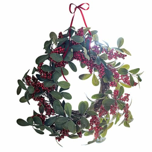 Loberon Kranz Lenius, Stechpalmen-Optik mit Vogelbeeren, Weihnachtsdekoration, Weihnachten, Schaumstoff, Polyester, Lärchenzweige, grün/rot