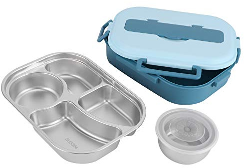 Yosoo Health Gear Set di contenitori per il pranzo a 4 griglie in acciaio inox, a prova di perdite, con scomparti, pentola, cucchiai e bacchette, contenitore portatile in metallo per alimenti con