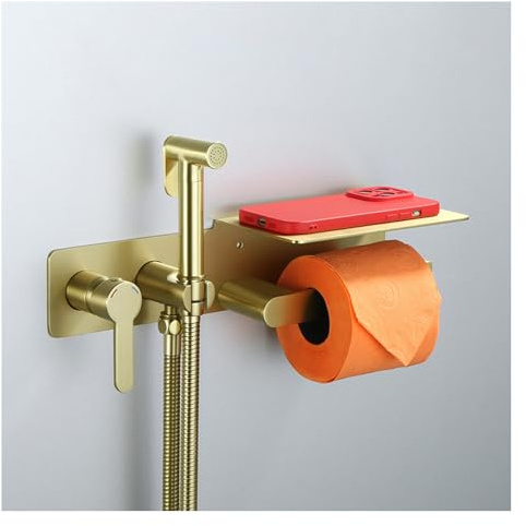 SHUGUANG Douchette WC Laiton Douchette Toilette WC Or Brossé Kit Douchette WC Eau Chaude et Froide Douchette pour WC Installation Encastrée Douchette WC Kit Complet avec Porte Essuie-Tout
