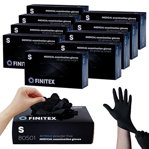 FINITEX Gants Jetables Noirs en Nitrile S, 5.0g/pcs, 1000pcs, Gants Jetables sans Poudre sans Latex pour Aliments Nettoyage Tatouage Jardinage Examen Médical, 5mil