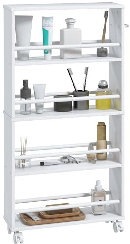 HOMCOM Servierwagen mit 4 Etagen Küchenwagen mit Rollen Griffe Allzweckwagen mit Bremsen schmal Küchenregal Küchenrollwagen für Küche Büro Badezimmer, Weiß