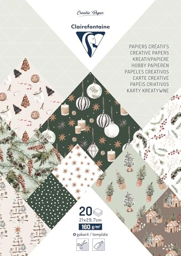 Clairefontaine 95548C Pad of 20 Cosy Christmas Printed Paper Pad Sheets A4 (21x29,7cm) 160gsm + 2 Sheets of Labels to Cut Creative Idea Scrapbooking Leisure