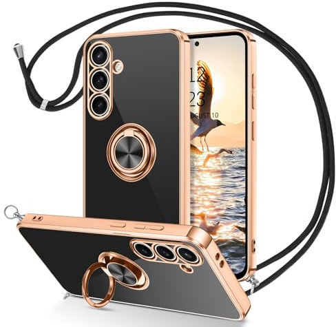 DUEDUE Coque pour Samsung A16 Cordon avec Anneau Rotatif, Protection Caméra Souple Fine Doublure Microfibre, Coque Bague Corde Bandoulière Lanière Réglable pour Samsung Galaxy A16 4G/5G, Noir