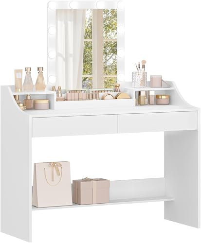 Hzuaneri 108 cm Sminkbord med Led-Belysning, Justerbar Ljusstyrka, Sminkbord med Spegel, Byrå med 2 LåDor och 2 öPpna Fack, Modern, VitDT40803X