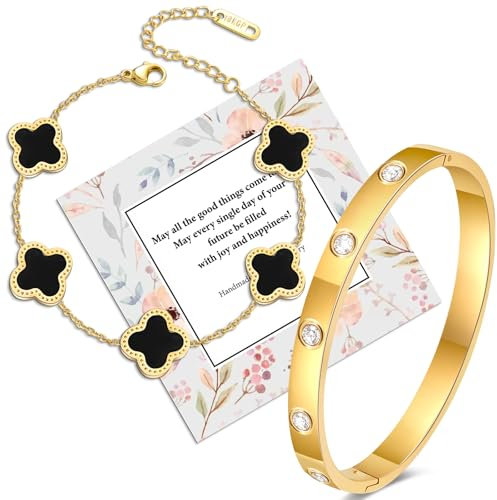 Ahokei 2 Stück Schwarze Kleeblatt Armband Gold Damen 18 CM aus 18K Vergoldet Vierblättriges, Zirkonia Armreif Gold Armbänder Damen Schmuck Geschenk für Frauen