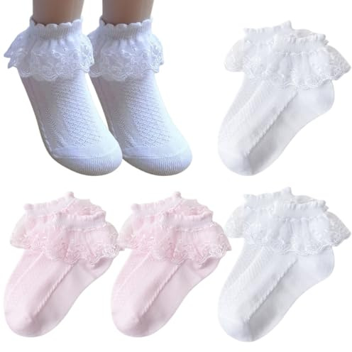 4 Pares de Calcetines de Encaje Princesa con Volantes para Niñas, Calcetines de Encaje de Algodón, Calcetines de Malla Transpirables, Medias de Ballet para Niñas (Primavera, 3-8 Años)