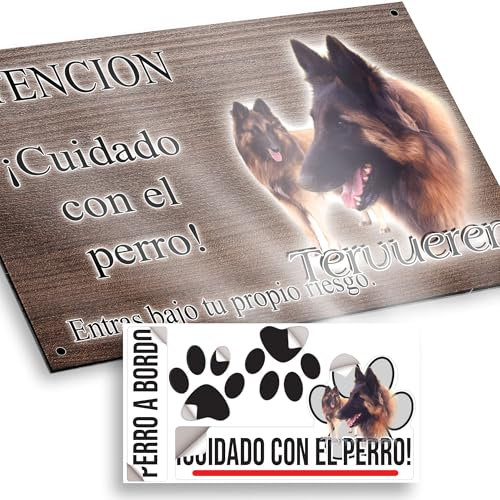 Tervueren Cartel Cuidado Perro Peligroso 20x12,5cm - Diseño Madera Marrón Dibond con Pegatina Coche 20x5cm