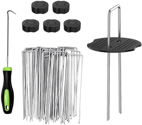 LUMOOM Fieltro para malas hierbas, anclajes de tierra, 50 unidades y 50 arandelas, piquetas en forma de U galvanizadas con gancho de extracción, para vellón de malas hierbas, jardín, césped artificial