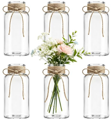 TAOZIMA Mason Jar Glass Vases 6 Pack, Clear Flower Vase for Centerpieces | Rustic Farmhouse Home Decor, Bud Vase with Twine, Wedding Table Decoration, Boho Floral Arrangement, Vintage Jars Bulk