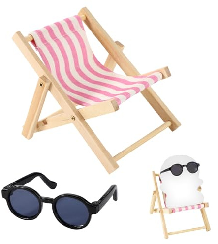 17cm Puppenzubehör Set, Holz Mini Strandstuhl Kunststoff Miniatur Sonnenbrille für Puppendekorationen Puppenhaus