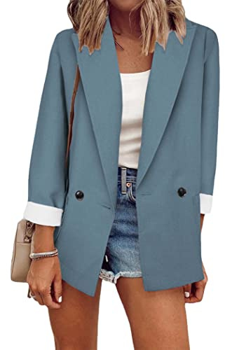 OMZIN Damen Lässige Offene Vorderseite Streamline Revers Plus Size Taschen Business Blazer Blau M