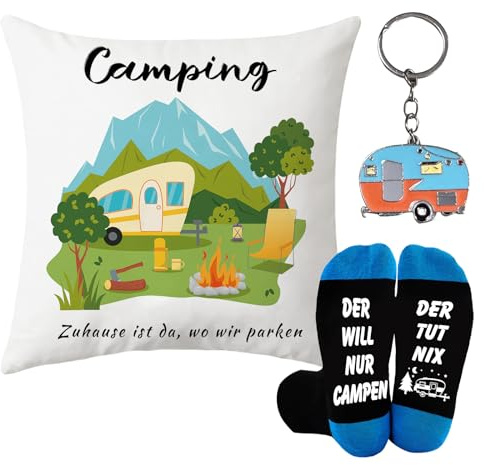 Kissenbezüge 45x45cm, 3er Set Camping Geschenke Lustig für Männer&Frauen, Kissenbezug Set mit Camper Socken&Deko, Must Have Camping-Gadgets für Jeden Campingbegeisterten Geeignet, Innen&Außengeeignet