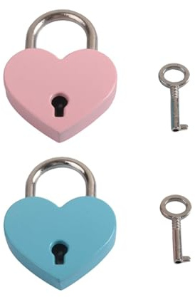 JUKOTA 2 pezzi mini lucchetti a forma di cuore, stile vintage, con chiave, a forma di cuore, per armadio, portagioie, diario, cassetto (rosa scuro + blu lago)
