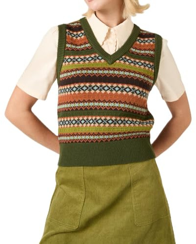 ensswliz Women Ribbed Knit Sweater Vest Cherry Fish Pattern Sleeveless Crew Neck Loose Fit Pullover Tank Tops for Fall Winter (E-Khaki, M)