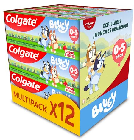 Colgate Kids Bluey Pasta Sabor Fresa 0-5 Años Pack 12 x 50 ml - Dentífrico Infantil Suave para Dientes de Leche - Pasta de Dientes con Flúor - 0% Colorantes, Sabores y Edulcorantes Artificiales