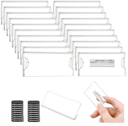 20 Set Badges Nominatifs Badge Aimanté 75 x 34mm Plastique Transparent Badges Magnétiques Nominatifs à Épingle pour Vêtements Magnétique+Épingle Convient aux Équipes Écoles Événements