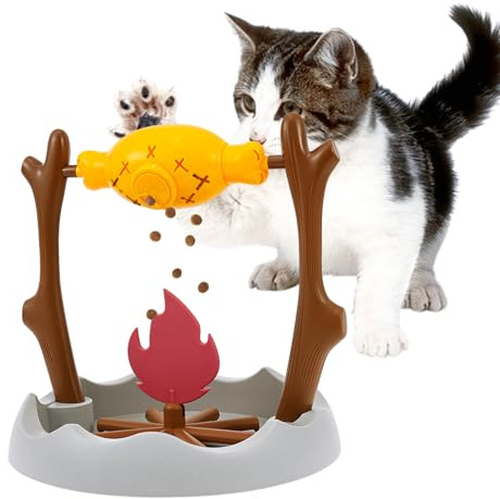 Sutowe Cat Campfire Treat Slow Feeder, 360° Rotating Campfire Cat Feeder with 3 Dispensing Holes Enrichment Interactive Stimulation Toy for Kitten