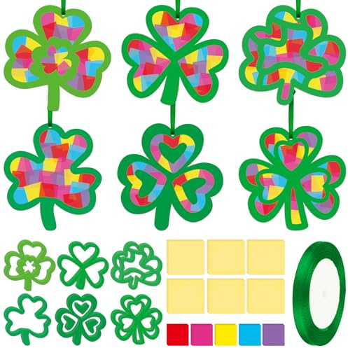 AUGTHEEP 24 Pcs St Patricks Day Crafts Kit Lucky Shamrock Suncatcher Craft Irish Day Window DIY Tissue Paper Suncatcher Decoration Ornament for Classroom St Patricks Party Supplies
