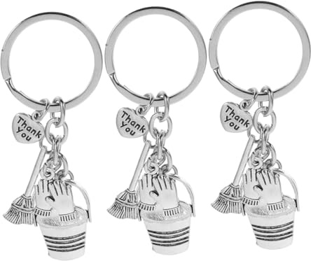 JEWEDECO Housekeeping Appreciation Keychain Set Lightweight Alloy Material 3pcs with Engraved Text Featuring Water Bucket, Broom and Work Gloves Charms Thank You Gift for Housekeeping