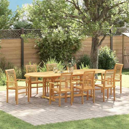 Owoxanthellate 9-teilige Gartengarnitur aus Teakholz rustikal 280 x 100 x 75 cm mit stapelbaren Stühlen wetterfeste Esstischgruppe für Garten Terrasse Balkon
