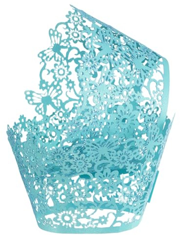 QUARKZMAN 100 Pezzi Fodere Per Cupcake In Pizzo Traforate Azzurro Chiaro | Design A Farfalla Traforato, Coppe Di Carta Artistiche, Per Cottura