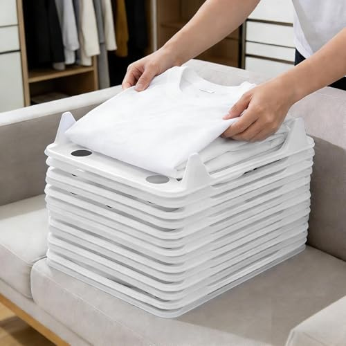 10-Pack Tshirt Organizer for Closet Storage, Folding Shirt Receipt Board, Detachable Stackable Clothing Trays for Home Bedroom Storage, Space-Saving, Prevent Laundry Piles, Anti-Wrinkle (White_S)