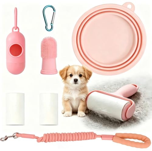 GINMOO 5-in-1 Pet Accessories Collapsible Dog Bowl, Travel Dog Bowl with Slip Lead, Puppy Toothbrush, Poop Bag Holder | Finger toothbrush dog waste bag dispenser mini lint roller ideal for travel walks camping and daily use