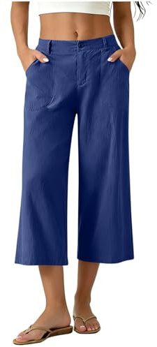Pantacourt Femme Été en Coton et Lin Pantalon 3/4 Fluide Taille Haute Élastique Ample Léger Respirant Capri Pantalon Yoga Chic et Élégant Jambe Large Confortable Pant Palazzo pour Plage
