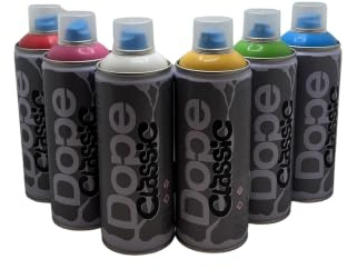 DOPE CLASSIC Lot de 6 sprays acryliques pour graffiti de 400 ml, basse pression, 4 couleurs (vert, rose, bleu, rouge, jaune, blanc), peinture acrylique, art urbain