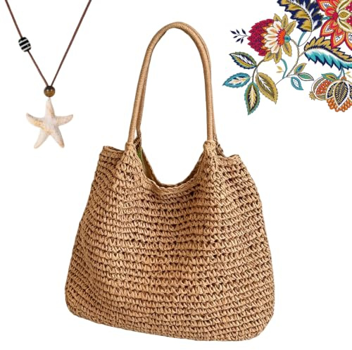 fjaldjfu Strohtaschen Damen Sommer, Neu Boho Geflochtene Tasche für Reisen | Hochwertiges Strohgeflecht, großzügiges Platzangebot, Zeitloses Flechtmuster, Praktischer Magnetverschluss, Ideales für Damen