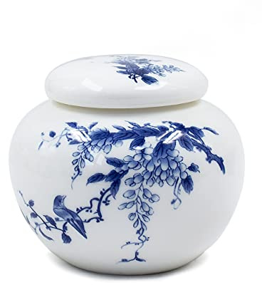 Dahlia Blue and White Porcelain Tea Canister for Loose Tea, Airtight Jingdezhen Tea Caddy, Wisteria 300 ML
