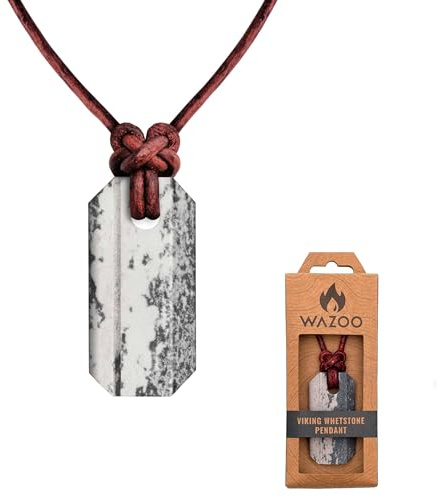 Wazoo Viking Whetstone Pendant | Knife Sharpener Necklace | Arkansas Novaculite on Leather Cord | Norse Inspired Knotwork