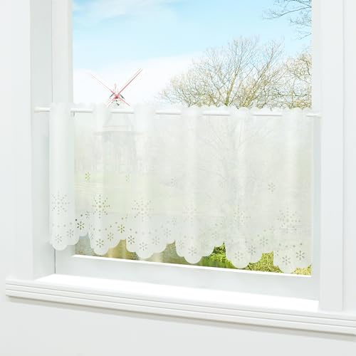 HongYa Weiße Scheibengardine Kurzstore Halbtransparente Küche Gardine mit Blumen Muster Lasercut H/B 60/145 cm
