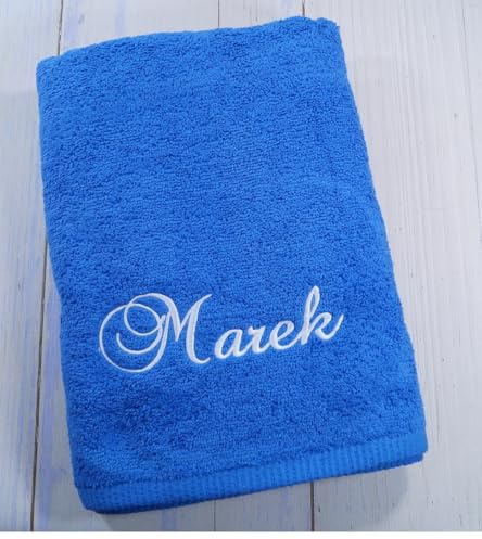 MitNamen Personalisiertes Duschtuch oder Text – Dunkelblaues Frottee Handtuch 70x140 cm aus 100% Baumwolle – 500 g/m² – Bestickt – Geschenk für Kinder & Erwachsene (70 x 140 cm, Blau) (140221)