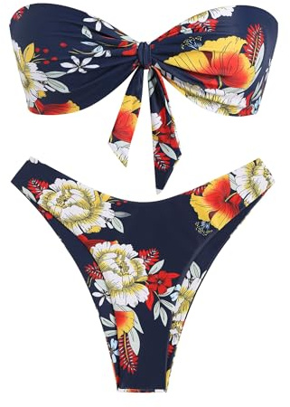 ZAFUL Knotted Bandeau Bikini for Women Strapless Swimsuits High Cut Bathing Suit Sexy 2 Piece Swimwear Navy Floral M