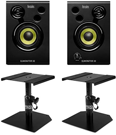 Hercules DJMonitor 32 Tischstativ Set (kompaktes Aktiv-Lautsprecher Paar mit 15W pro Satellit, 3-Tieftöner & dualem Bass-Schacht im praktischen Set inkl. 2 Tischstativen für Studiomonitore) Schwarz