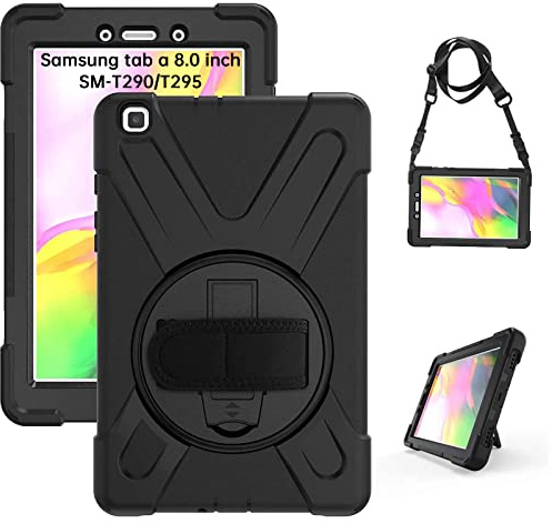 Gerutek Custodia Cover per Samsung Galaxy Tab A 8.0 2019 (SM-T290/T295), Custodia Protettiva Antiurto con Supporto Rotante 360 e Cinghia Mano/Spalla Cover per Galaxy Tab A 8.0, Nero