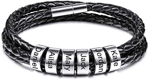 MeMeDIY Personalisierte Armbänder Gravur 2～6 Namen Individuelle Identifikation ID für Frauen Männer Echtes Leder Edelstahl Perlen Geflochtene Manschette Brautjungferngeschenke Beste Freundin