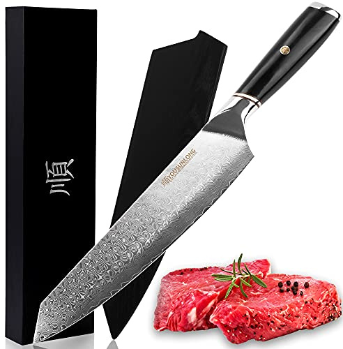 Sunlong Couteau de chef damas 254mm Gyuto en acier damas japonais, manche en bois de plomb naturel avec poche pour couteau en flanelle